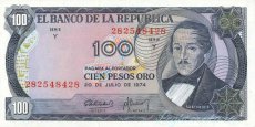 BANCO DE LA REPUBLICA DE COLOMBIA 100 Pesos Oro 20-07-1974 - Serie Y - Nº. 282548428 - AU / UNC - P-415